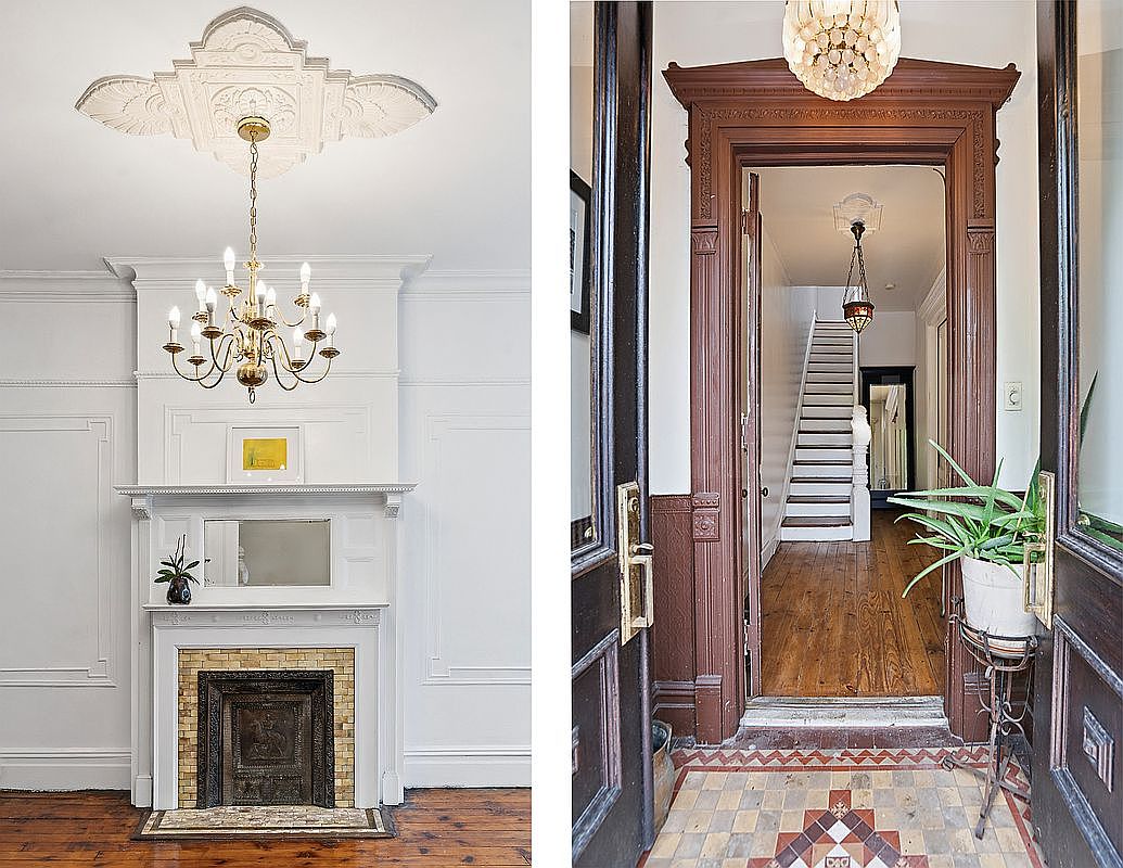 Two-frame composition: left, a parlor-level decorative fireplace with carved white mantel and an ornate plaster ceiling medallion; right, the carved Victorian vestibule doors leading to the inner hallway and original staircase